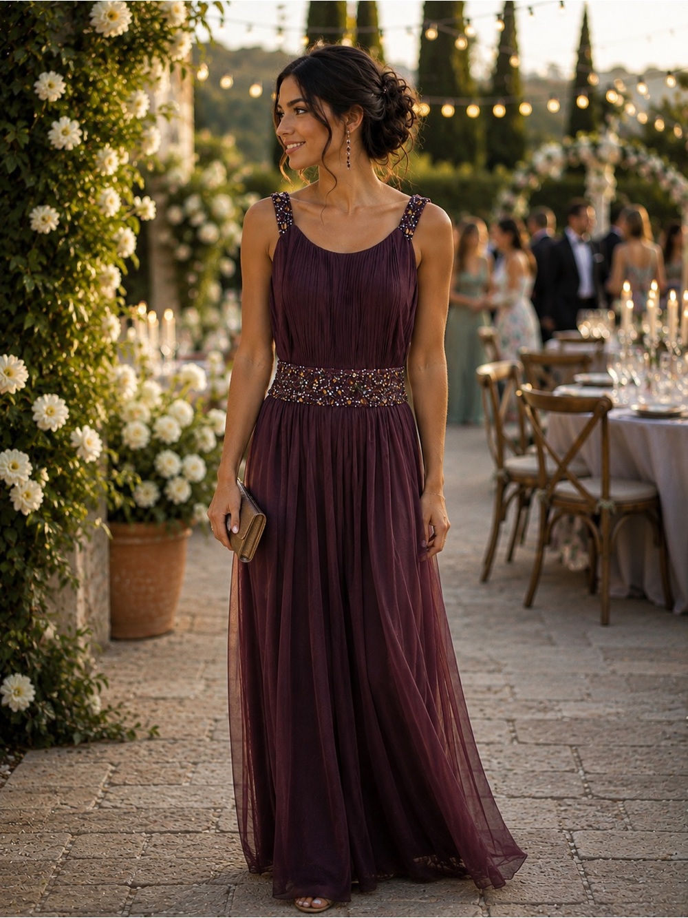 JS Boutique Maroon Beaded Tulle Party Dress